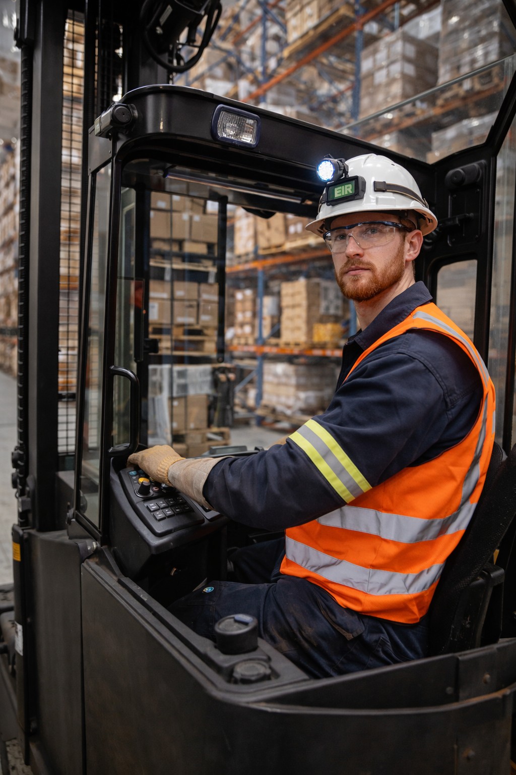 Forklift operator in warehouse